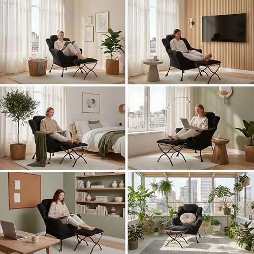 Furlide Lazy Chair with Ottoman, Comfy Fabric Accent Lounge Arm Chair with Lu...