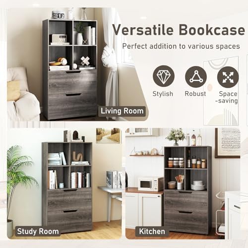 GIANTEX Bookshelf with 4 Cubes & 2 Drawers, 51” Tall Floor Bookcase with ...