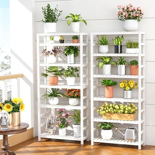VASMIA 6-Tier Bamboo Shelf,Bamboo Storage Shelving Unit,Tall Bookcase with Ad...