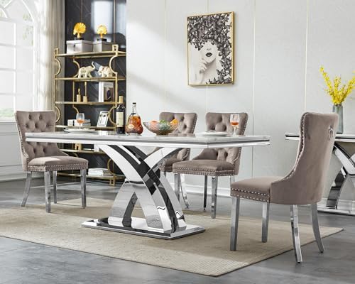 Henf 68" Faux Marble Dining Table Set for 6, 7 Piece Marble Dining Table...