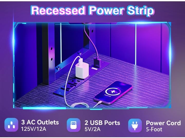 AODK L Shaped Desk Gaming Desk with LED Light & Power Outlet | 53 Inch Bl...