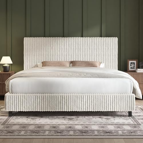 AMERLIFE King Bed Frame, Upholstered Metal Platform Bed, Cream