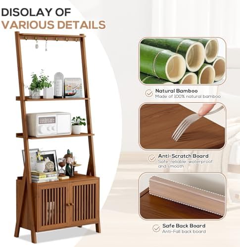Bookcase with Drawers, Ladder Shelf 4-Tier Bamboo Bookshelf with 6 Hooks