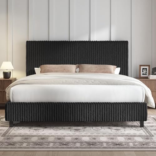 AMERLIFE King Bed Frame, Upholstered Metal Platform Bed, Black