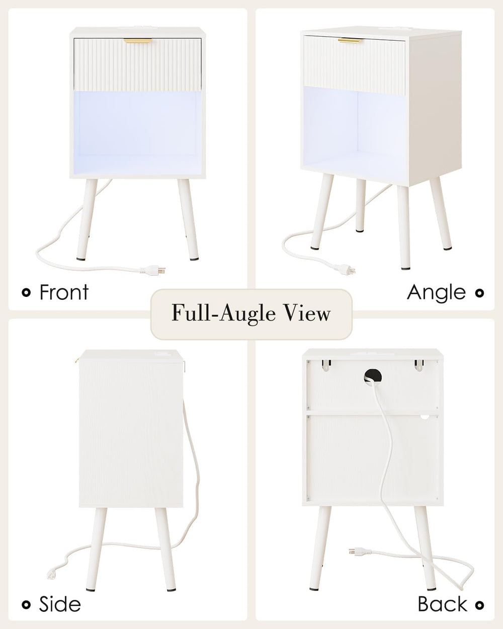 White Fluted Nightstand with Charging Station, Modern Bedside Table with Stor...