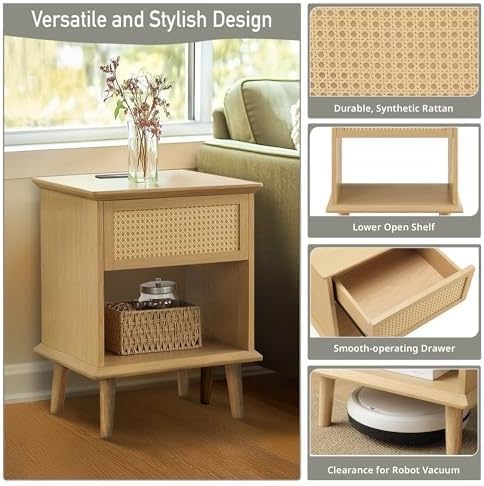 Ink+Ivy End Table with Handwoven Rattan Design, Night Stand with Storage Draw...