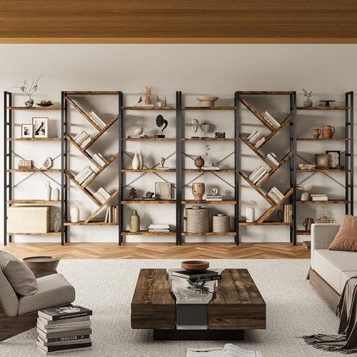 INNOD 70x70 Triple 5 Tier Book Shelf, Large Wooden Bookcase with 17 Open Disp...