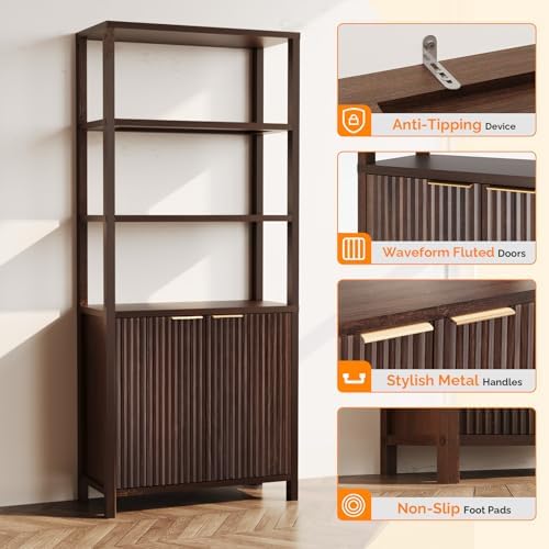 VINGLI Bookcase with Fluted Doors, 71" Wood Storage Cabinet with Adjusta...