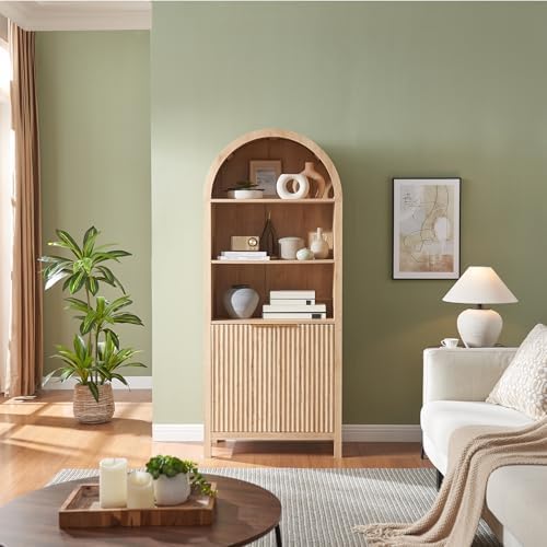 Arched Cabinet Bookshelf Bookcase - 71” Tall Mid Century Arched Display Cabin...