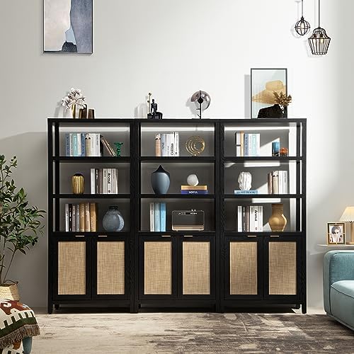 SICOTAS 71" Tall Rattan Bookshelf with Doors for Living Room Library