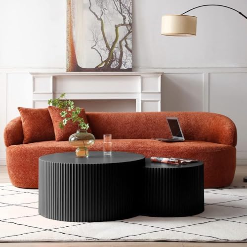 JUSTONE Nesting Coffee Table Set of 2, Modern Matte Black Round Drum Side Tab...