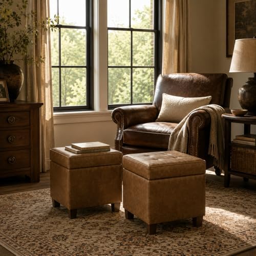 HomePop Square Tufted Storage Ottoman - Distressed Brown Faux Leather Small
