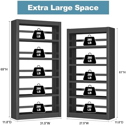 Bookcase, 5-Shelf Industrial Bookshelf, Large Storage Space, Adjustable Books...