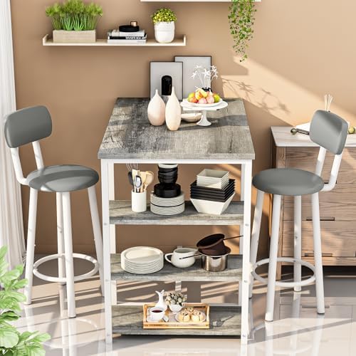 Recaceik Pub Dining Table Set for 2, Table and Bar Stools with 3 Storage Shel...