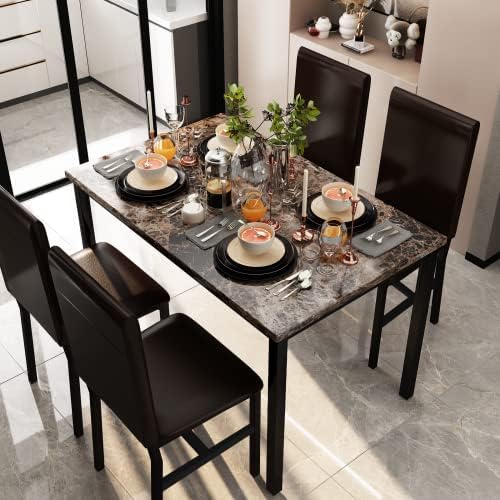 AWQM 5 Piece Dining Table Set for 4,Faux Marble Kitchen Table and Chairs for ...