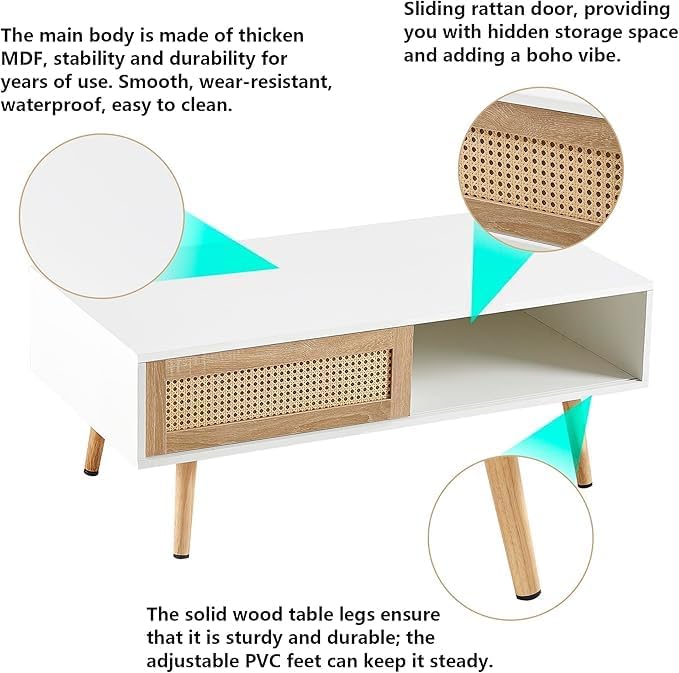 Rattan Center Table and Nightstand Set, 3-Piece Wood Living Room Table Set In...