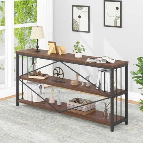 IBF Walnut Low Wide Bookcase, Vintage 63 Inch Long 3 Tier Open Book Shelf