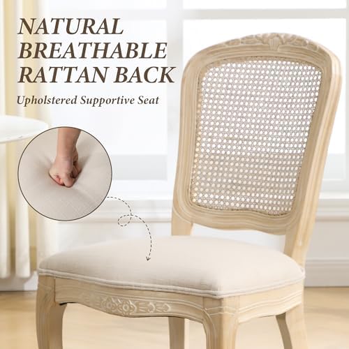 Wicker Dining Chairs Set of 4, Upholstered Linen Fabric Dining Room Chairs wi...