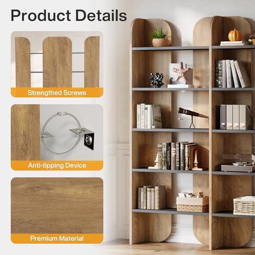 Tribesigns 5-Tier Farmhouse Bookshelf, 70.87-Inch Tall Double Wide Bookcase w...