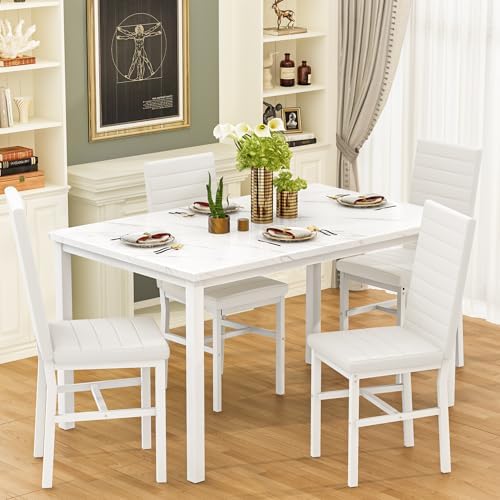Hooseng Dining Table Set for 4, 5-Piece Faux Marble Dinner Table Set with 4 U...