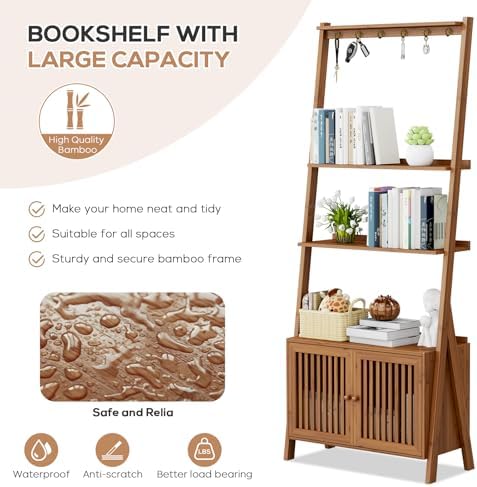 Bookcase with Drawers, Ladder Shelf 4-Tier Bamboo Bookshelf with 6 Hooks