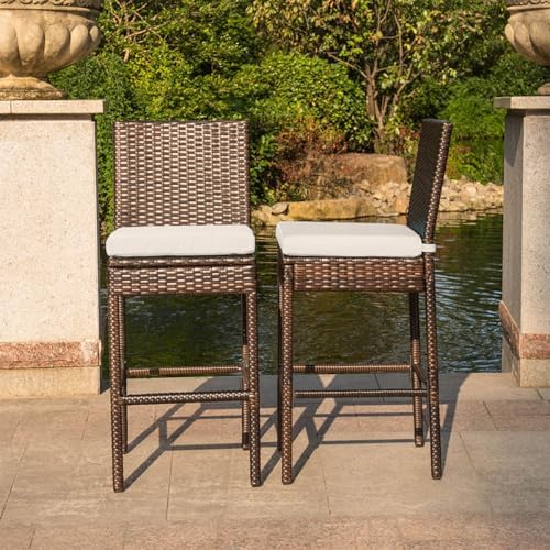 Sundale Outdoor Wicker Bar Stool Set of 2, 29 Inch Seat Height Patio Stool