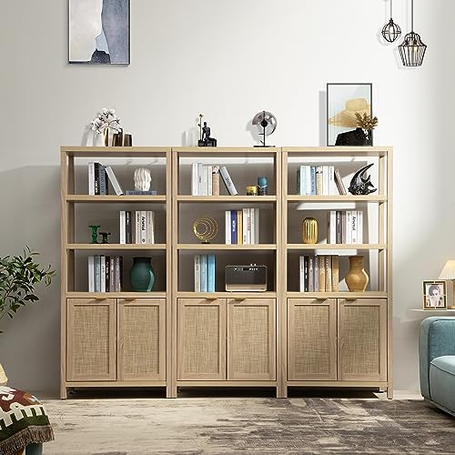 SICOTAS 71" Tall Rattan Bookshelf with Doors for Living Room Library