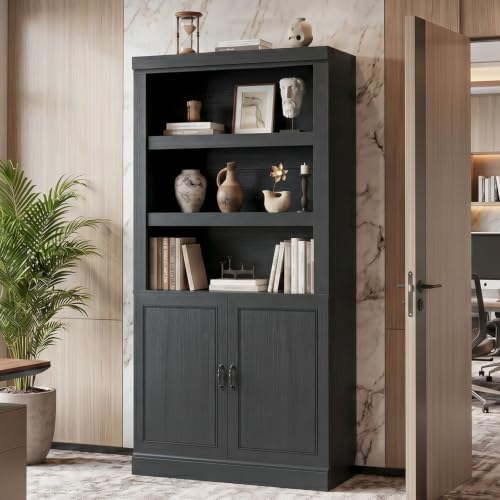 Unikito 71" Tall Bookshelf with Doors and Adjustable Shelves, Black