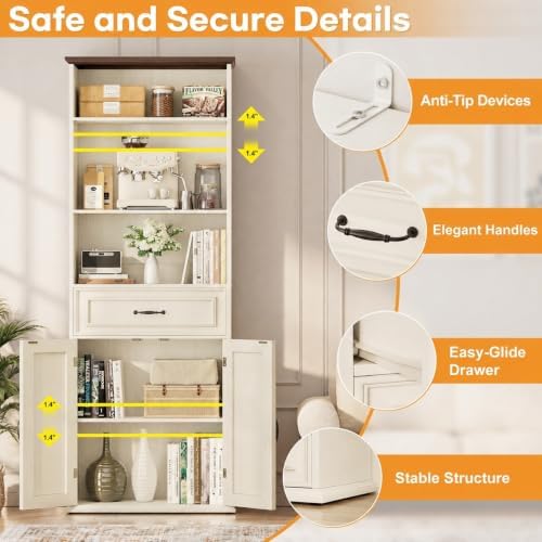 Cyclysio 80" Tall Bookcase with Drawer and Doors, Antique White/Walnut