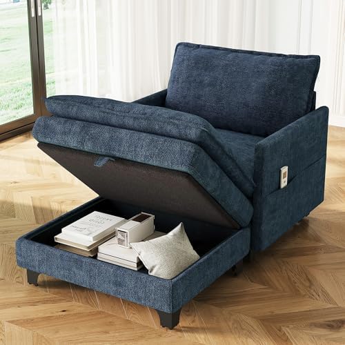 Accent Sofa Chair with Storage Ottoman, Cloud Sigle Couch with Side Pocket fo...