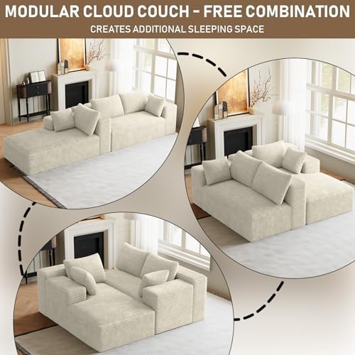 ONEMMLION 96" L-Shaped Cloud Couch Sofa with Chaise, Beige White