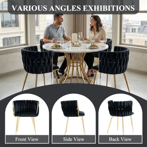 Hand-Woven Dining Chairs Set of 2,Dining Room Chairs with Gold Leg | Velvet E...
