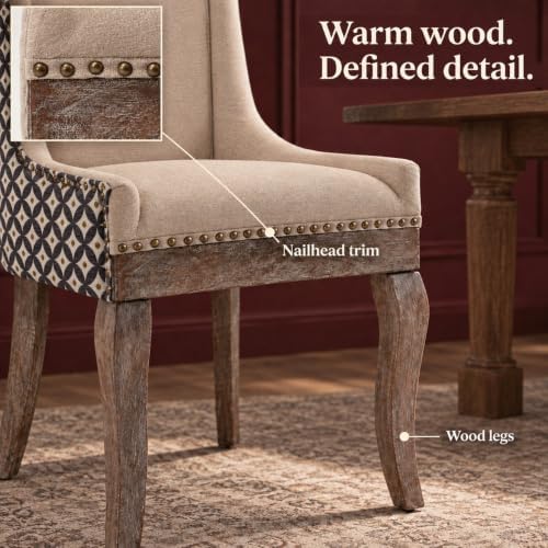 Upholstered Dining Chairs Set of 2, Fabric Kitchen Chair with Nailhead Trim, ...