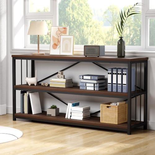 IBF Walnut Low Wide Bookcase, Vintage 63 Inch Long 3 Tier Open Book Shelf