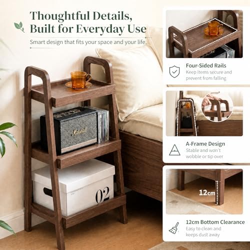Solid Oak Small Bookshelf, 3 Tier Ladder Shelf Walnut Bookcase