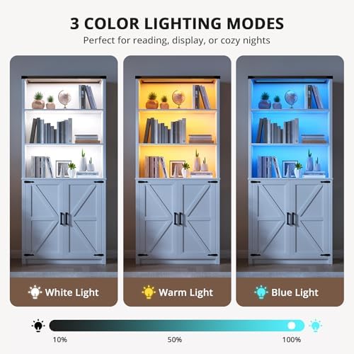 HWB Farmhouse 5-Tier Bookshelf with Doors and 3-Color LED Lights