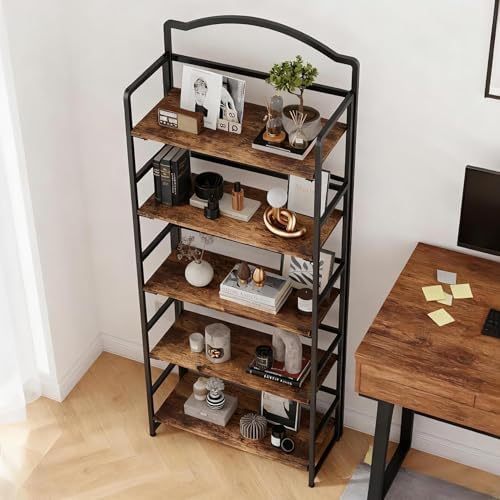 JSB 5 Tier No Assembly Folding Bookshelf, Arched Bookshelf, Foldable Bookcase...