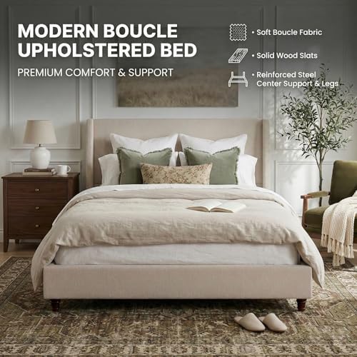 Queen Size Upholstered Bed Frame, 52.7" High Headboard Wingback Bedframe...
