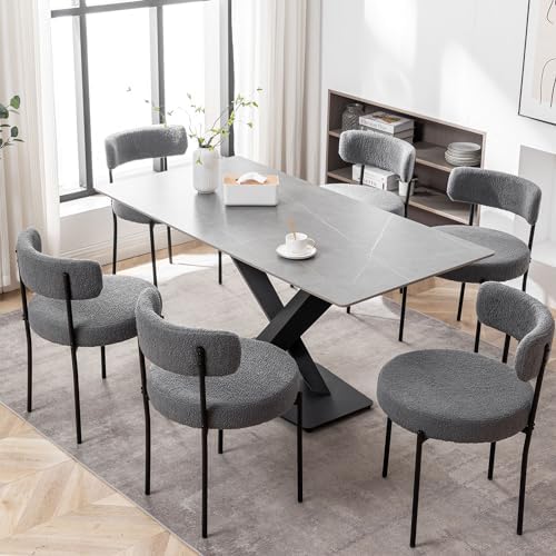 Cinxzar Grey Boucle Dining Chairs Set of 6, Upholstered Dining Room Chairs wi...