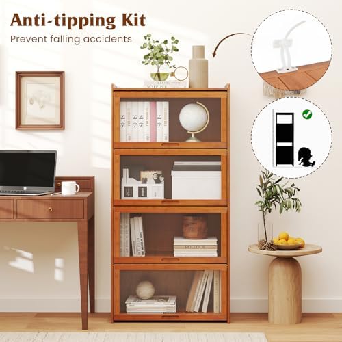 GIANTEX 4-Tier Bookcase with Clear Doors, 55" Bamboo Bookshelf with Flip...