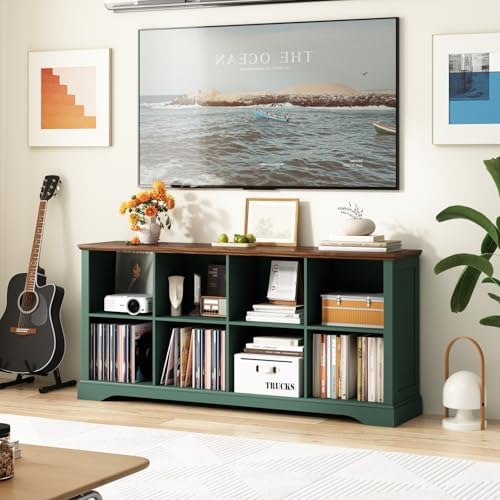 8 Cube Storage Organizer, 62" Long Low Horizontal Bookshelf, Green