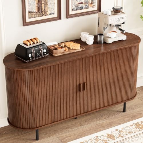 ComfyCorner 55" Fluted Buffet Sideboard Cabinet with Sliding Door, Walnut