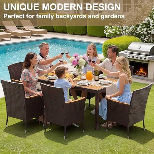 Devoko 7 PCS Acacia Wood Patio Dining Set, Brown Rattan