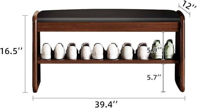 Wooden Shoe Storage Bench with Padded Top Cushion, Two-Tier Wooden Shoe Rack,...