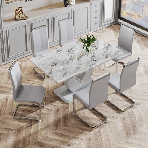 JUFU 7-Piece Dining Table Set for 6, 63-Inch Faux Marble Table