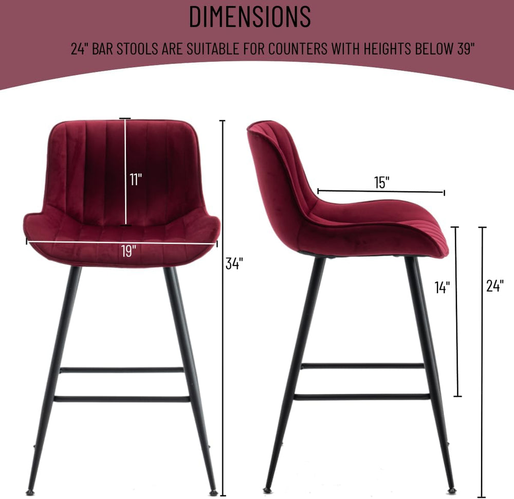 Bar Stools Set of 2 with Velvet Upholstery, Burgundy | Luxury Counter Height ...