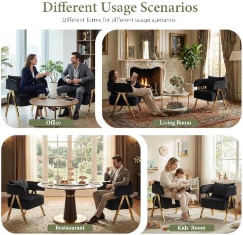 Modern Black Gold Velvet Accent Chairs Set 2, Barrel Armchairs Living Room