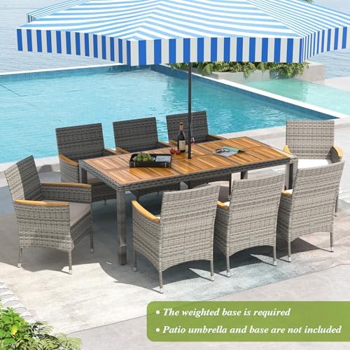 Tangkula 9 Pieces Patio PE Wicker Dining Set, Outdoor Acacia Wood Table and C...