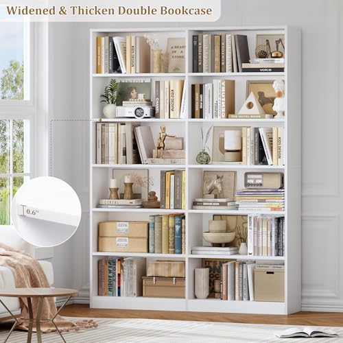 FACBOTALL Bookshelf Tall Bookcase, 6-Tier Double Wide Bookshelves, White