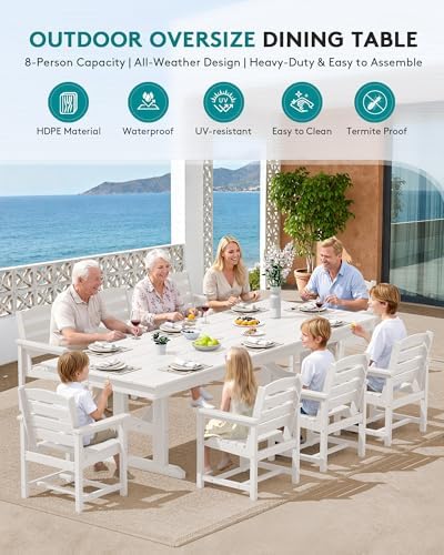 SERWALL 9Pcs 84" HDPE Outdoor Dining Set for 8 with Armchairs,White